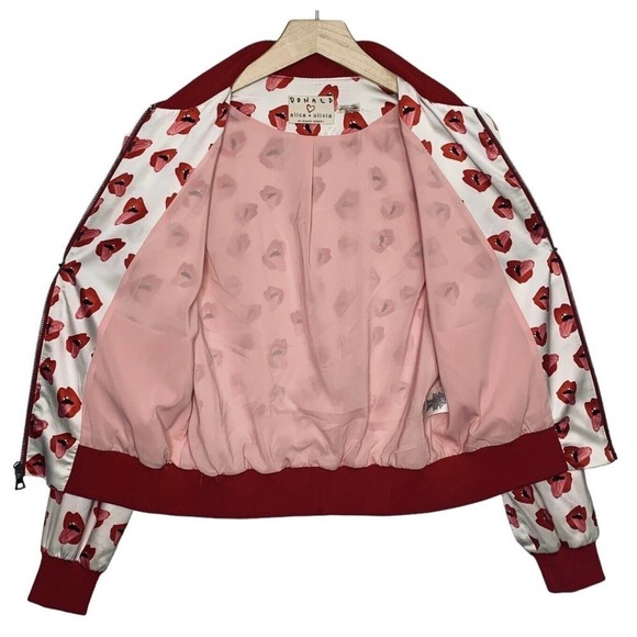 Alice + Olivia x Donald Robertson Lonnie Lips Silk Bomber Jacket Womens XS $495 - Picture 7 of 10